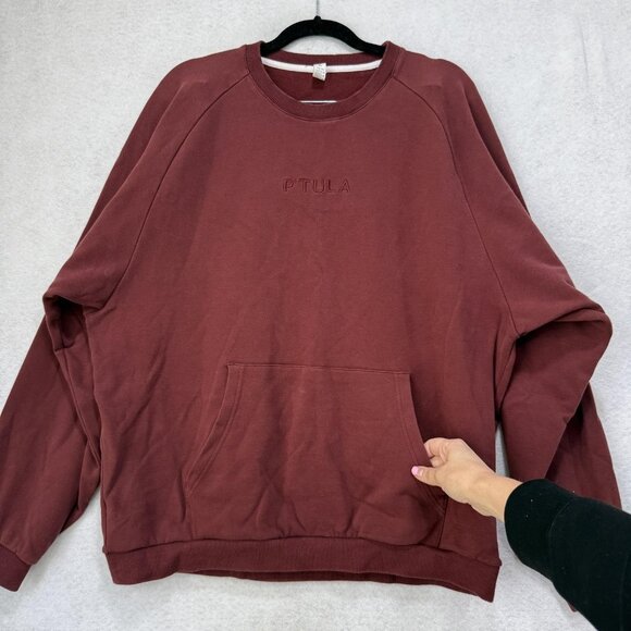 Ptula Sweatshirt Mens XL Red Pullover Fleece Solid Crewneck Kangaroo Pocket - Picture 4 of 9